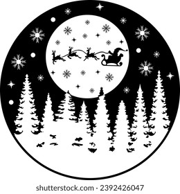 Santa Claus over Forest, Hand Drawn Vector Illustration