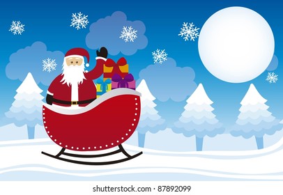 santa claus over sleigh, over winter landscape. vector