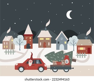 Santa Claus and an owl are driving a Christmas tree with gifts to the city at night. Christmas Postcard