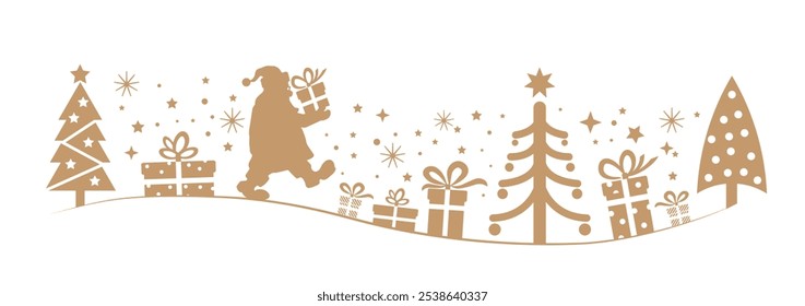 Santa Claus with packages and presents walks through a snowy forest - merry Christmas and happy new year greeting card or banner vector illustration - gold