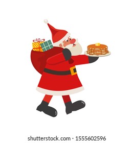 Santa Claus With Pancakes Flat Vector Icon Isolated On White. Cartoon Cute Father Christmas. Fun Breakfast Christmas Enjoy For Kids Invitation Flyer Background Illustration. New Year Eve Menu Template