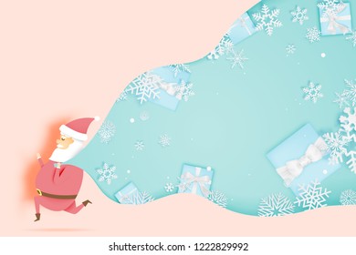 Santa claus in paper art style with stunning landscape snow and snowflake background vector illustration