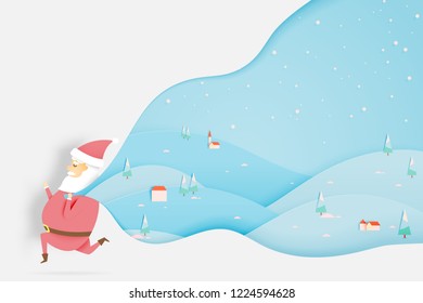 Santa claus in paper art style with stunning landscape snow and snowflake background vector illustration