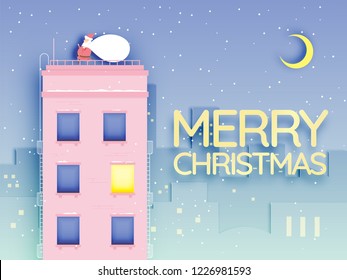 Santa claus in paper art style with stunning landscape snow and snowflake background vector illustration