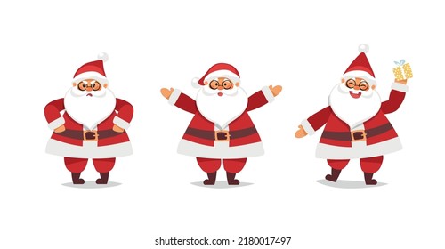 Santa claus paper cut icons set, funny christmas character. Papa Noel is dancing with a gift, an angry and cheerful Saint Nicholas. Flat cartoon design, vector isolated on white.