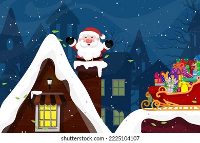 Santa Claus park sled over snow on rooftop at the Christmas night with full gift on sled.. Merry Christmas banner for Holiday cards, invitations and website celebration decoration.