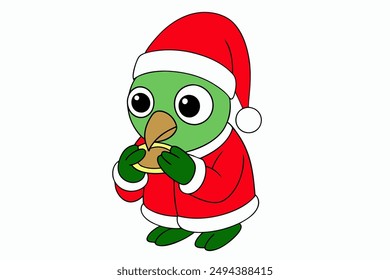 Santa Claus Parrot Eating Christmas Food Vector Illustration.  Festive parrot dressed as Santa eating Christmas food, vibrant and fun vector illustration.
