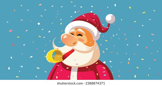 
Santa Claus with Party Whistle Vector Cartoon Banner Design. Happy Santa celebrating winter holidays 
