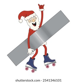 Santa Claus patch the tape to the wall. Conceptual modern Christmas art with Santa isolated white background. Vector illustration can used greeting poster postcard cover print. 
