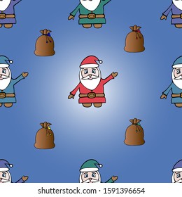 Santa Claus pattern and a bag with gifts. Fairytale character. Blue background. Christmas. New Year. Holiday print.