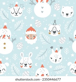 Santa Claus pattern design, Blue Christmas fabric design with snowman and cute bear and rabbit.