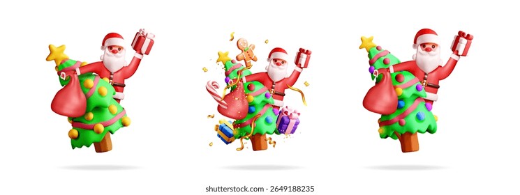 Santa Claus peeking from behind a Christmas tree holding a gift, offering a festive holiday concept with elements like a gingerbread man.