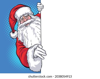 Santa Claus peeking holding blank sign Pop Art Comic Style Christmas or Santa Claus holding blank sing