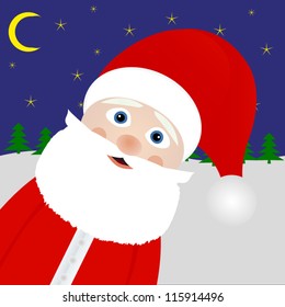 Santa Claus peeking out of the woods at night