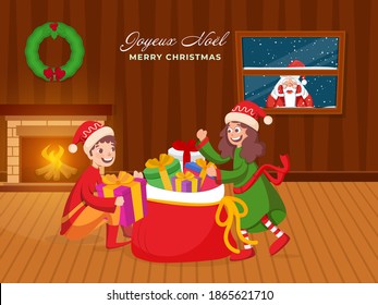 Santa Claus Peeking Through Window With Cheerful Kids Character, Gifts Sack And Fireplace In Interior View For Merry Christmas.