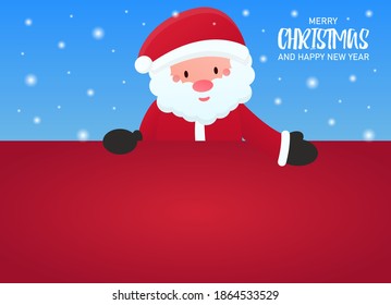Santa Claus peeks out from behind a blank red background and points at it. Blank space for your holiday text. Cold and snowy winter. Merry Christmas and a Happy New Year. Banner concept for sites.