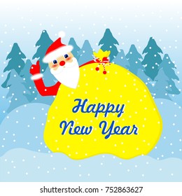 Santa Claus peeks out from behind a bag with gifts. Christmas background