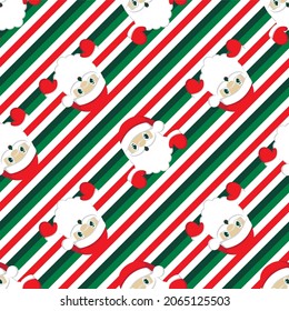 Santa Claus peeks out of stripes. Christmas seamless pattern.