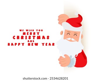 Santa Claus peeps for Merry Christmas poster in cartoon style