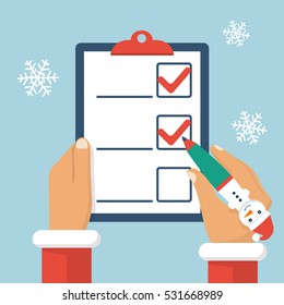 Santa Claus With A Pen In The Form Of A Snowman Writes A List Of Donated Gifts. Vector Illustration Flat Design. Snowflakes On Background. Clipboard In Hand Isolated.