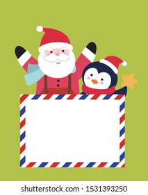 Santa Claus and penguin behind the envelope