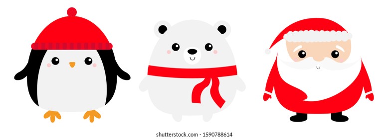 Santa Claus, penguin bird, white bear face head body round icon set. Red hat, scarf. Cute cartoon kawaii funny baby character. Merry Christmas. Hello winter. Kids background. Flat design. Vector