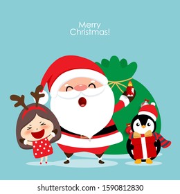Santa Claus, Penguin and Cute girl with santa costume. Christmas background. Christmas Greeting Card. Vector illustration.