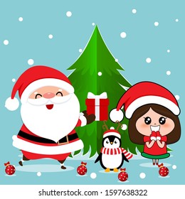 Santa Claus, Penguin and Cute girl with santa costume. Christmas background. Christmas Greeting Card. Vector illustration.