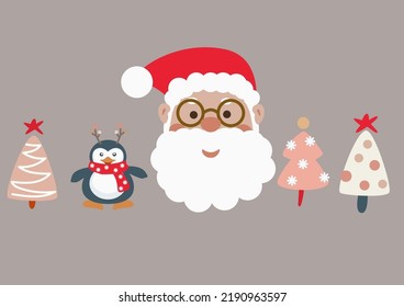 Santa Claus and penguin funny faces set. Christmas cartoon characters and trees. Cute Santa head.