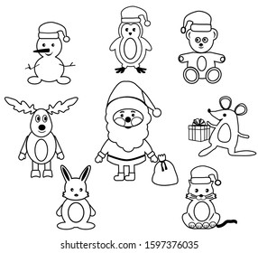  Santa Claus, penguin, new year, deer, snowman, winter, mouse, hare, bear, reindeer Christmas snow. Vector illustration.