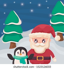 santa claus with penguin on winter landscape vector illustration design