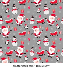 santa claus penguin snowman and gift are including in cute of merry christmas and happy new year seamless pattern with flat color design,vector illustration