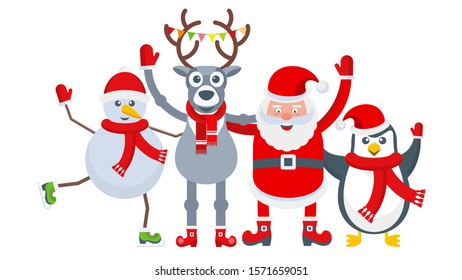 Santa Claus, penguin, snowman and reindeer. Funny characters. Greeting card for Merry Christmas and Happy New Year. Illustration for flyer and booklet, brochure and website.