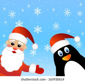 Santa claus and penguin,  vector  illustration