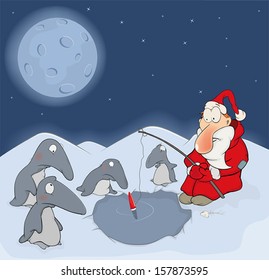 Santa Claus and penguins cartoon
