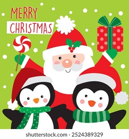 Santa Claus and Penguins For Christmas Card or Bag design