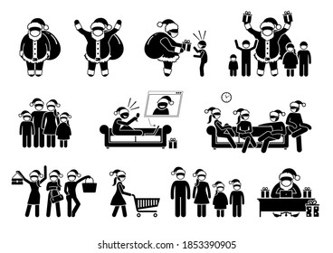 Santa Claus and people wearing face mask during pandemic on Christmas. Vector illustrations of Santa Claus, family, and friends celebrating Merry Christmas during coronavirus Covid-19 outbreak.