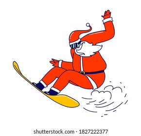 Santa Claus Perform Snowboard Stunts. Xmas Character in Red Festive Traditional Costume Extreme Recreation, Christmas Holidays Activity and Spare Time. Winter Sport, Resort. Linear Vector Illustration