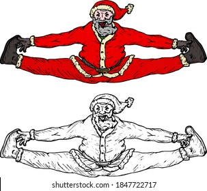 Santa Claus performing a jumping split. Hand drawn vector illustration.