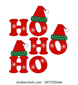 Santa claus phrase "ho ho ho" with snowflakes and fur hats. Template for design for Christmas and New Year. Isolated vector illustration on white background.