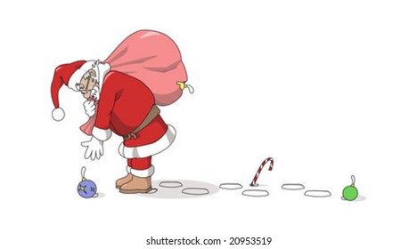 Santa Claus picking up a toy that fell from his sack,vector illustration