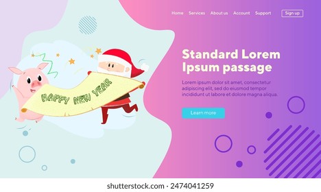 Santa Claus and pig celebrating New Year. Cartoon characters, celebration, Decemper. Holiday, party concept can be used for banner, website, landing page