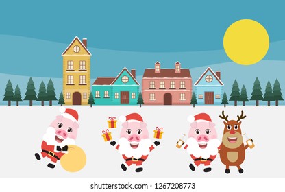 Santa Claus Pig Christmas and reindeer in Villages, pine trees. flat design