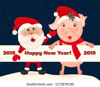 Santa claus and pig on background of night sky with stars. Christmas holiday. Winter cartoon cute card with text Happy new year, Merry christmas banner Vector illustration