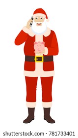  Santa Claus with piggy bank talking on the mobile phone. Full length portrait of Santa Claus in a flat style. Vector illustration.