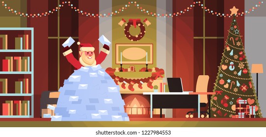 Santa Claus In Pile Of Wish Lists Incoming Letters From Children Merry Christmas Happy New Year Concept Flat Horizontal Vector Illustration