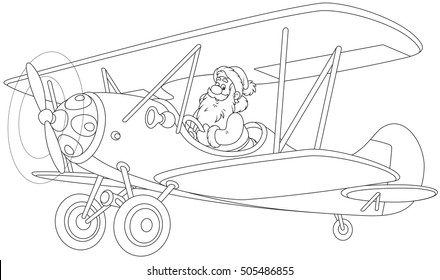 Santa Claus piloting his old wood airplane