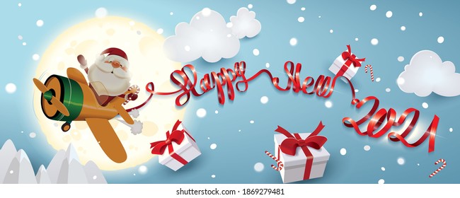 Santa Claus piloting an orange plane with red decorative paper text of ribbon Happy New 2021 and shares Christmas gifts