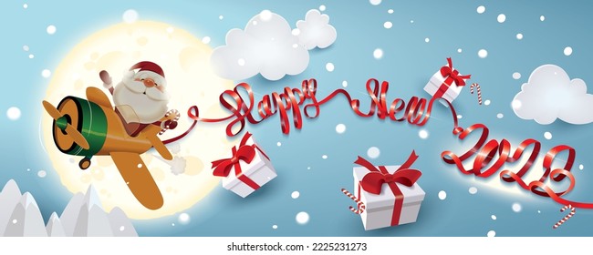 Santa Claus piloting an orange plane with red decorative paper text of ribbon Happy New 2023 and shares Christmas gifts