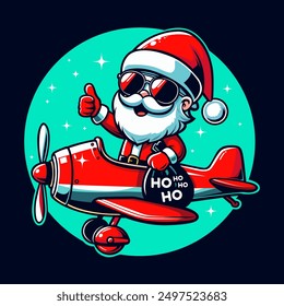 Santa Claus piloting an plane. Santa Claus flying on the plane with sack full of presents. Santa’s Plane. Santa Claus is flying by plane Christmas poster, banner retro cartoon style illustration